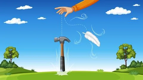 Physics Gravity Experiment Illustration with Falling Hammer and Feather Stock Illustration