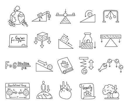 Physics gravity set in outline line art Stock Illustration