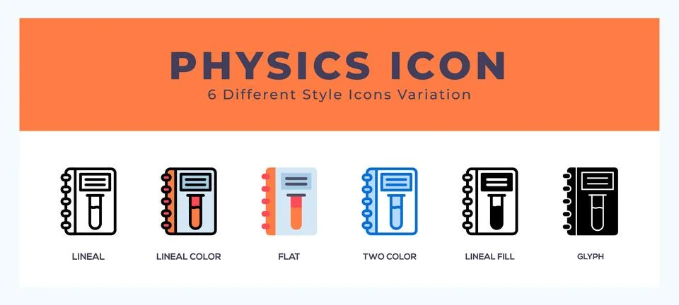 Physics icon symbol set. outline. glyph black. flat color and filled line c.. Stock Illustration