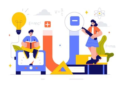 Physics Learning Vector Illustration featuring Students Exploring Electrici.. Stock Illustration