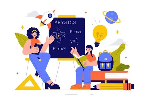 Physics Learning Vector Illustration featuring Students Exploring Electrici.. Stock Illustration