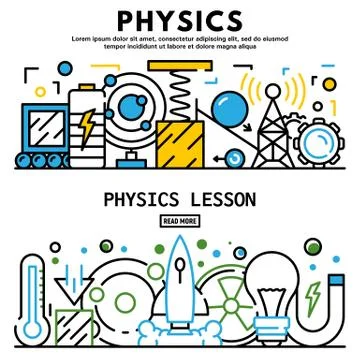 Physics lesson banner set, outline style Stock Illustration