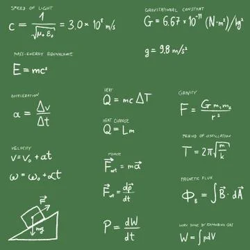 Physics lesson -  hand written law of physics equations set. Science vector i Stock Illustration