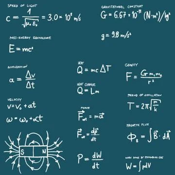 Physics lesson -  hand written law of physics equations set. Science vector i Stock Illustration