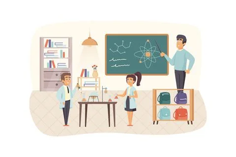 Physics lesson scene. Teacher explains structure of atom, pupils study in cla Stock Illustration