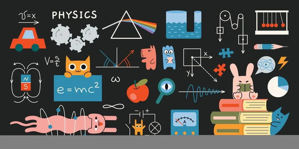 Physics lesson at school. Physics formulas, drawings, equipment for classes a Stock Illustration