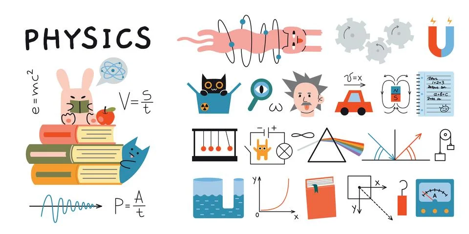 Physics lesson at school. Physics formulas, drawings, equipment for classes.. Stock Illustration