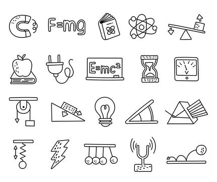 Physics object set in outline line art Stock Illustration