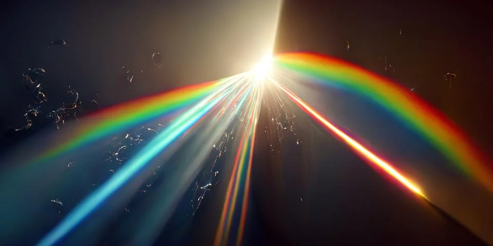 Physics of optics. White light shines through a prism. Generate rainbow colors. Stock Illustration
