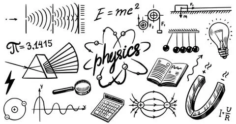 Physics or education concept. Icons and formulas set. Atomic nuclear experiments Illustrazione stock