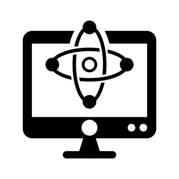 Physics, research, atom icon. Black vector graphics. Illustrazione stock