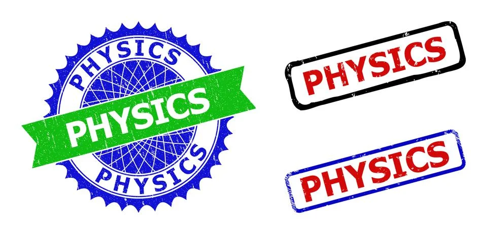 PHYSICS Rosette and Rectangle Bicolor Badges with Unclean Textures Stock Illustration