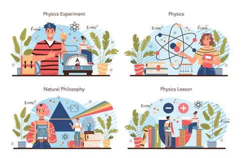Physics school subject concept set. Students explore electricity, magnetism Stock Illustration