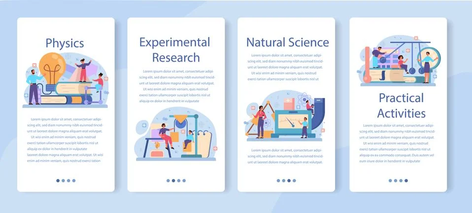 Physics school subject mobile application banner set. Scientist explore Illustration