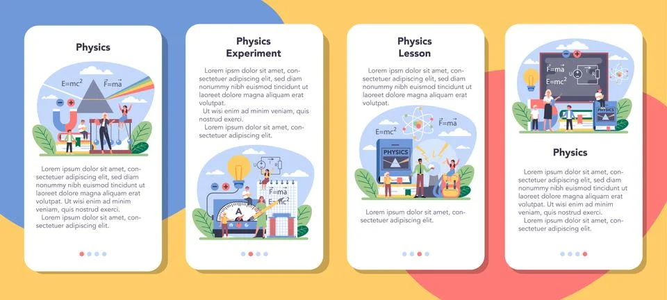Physics school subject mobile application banner set. Scientist Illustration