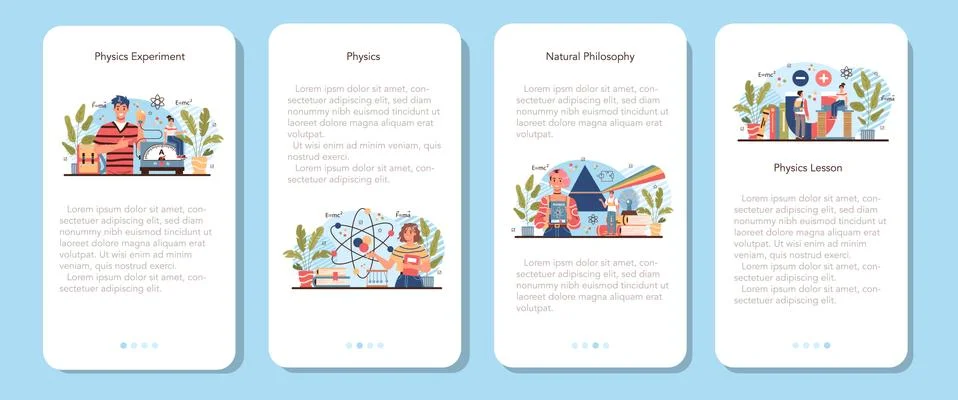 Physics school subject mobile application banner set. Students explore Stock Illustration