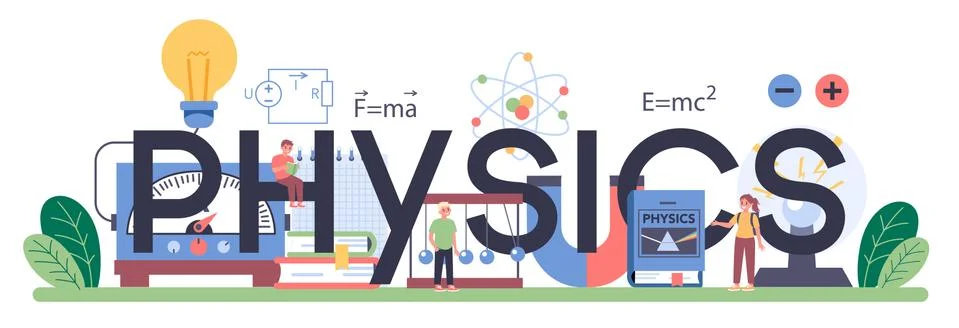 Physics school subject typographic header. Scientist explore electricity, Stock Illustration