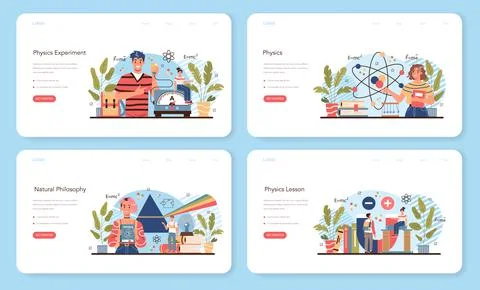 Physics school subject web banner or landing page set. Students explore Stock Illustration