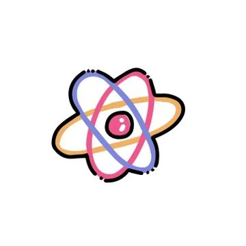 Physics science orbit atom. Atom structure icon in flat color outlined hand d Stock Illustration