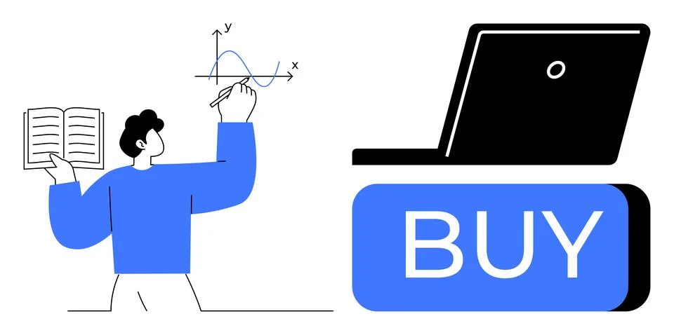 Physics teacher explaining wave graph next to laptop with large blue BUY butt Stock Illustration