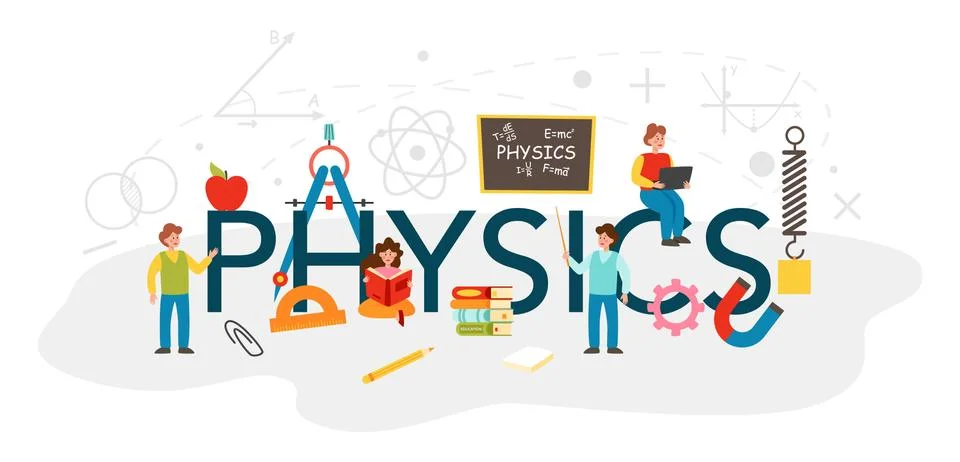 Physics typographic header. Scientist explore electricity, magnetism Stock Illustration