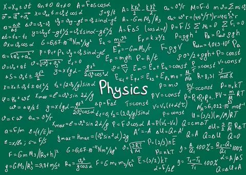 Physics white formulas drawn by hand on a green chalkboard for the background Stock Illustration