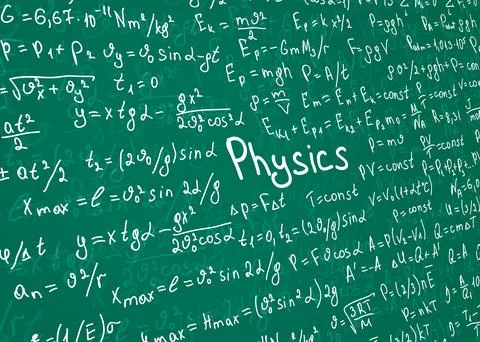 Physics white formulas drawn by hand on a green chalkboard in perspective for Illustrazione stock
