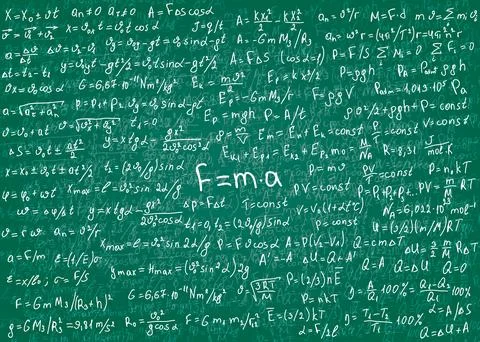 Physics white formulas drawn by hand on a green unclean chalkboard for the ba Stock Illustration