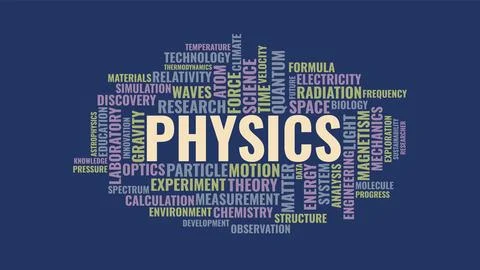 Physics Word Cloud Typography Graphic with Scientific Terms on Dark Blue Ba.. Stock Illustration