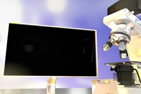 Physics work concept, microscope and monitor on bokeh background Stock Illustration