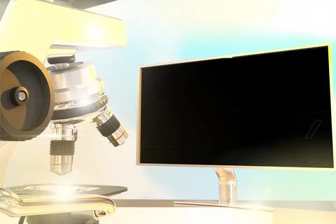 Physics work concept, microscope and monitor on bokeh background Illustration