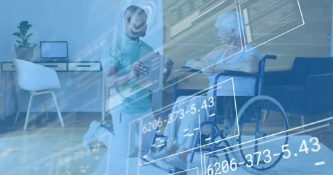 Physio kneeling wheelchair side pointing rehab plan causing health metrics as Stock Footage 328507718