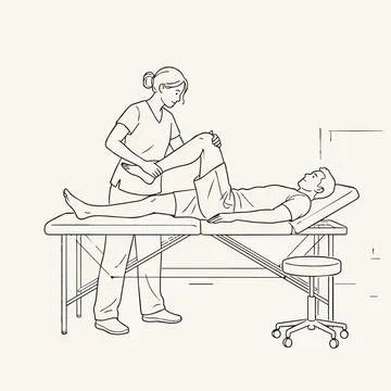 Physiotherapist assisting patient with leg stretch on medical table Silhouett Иллюстрация