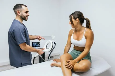 Physiotherapist explaining magnetic therapy device to patient Fotos Stock