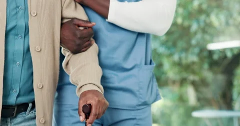 Physiotherapist, hands and help man with cane for mobility exercise, balance and 動画素材 341663645