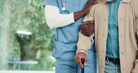 Physiotherapist, hands and support old man with cane for mobility exercise Stock Footage 341566105
