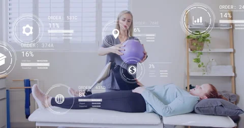 Physiotherapist instructing patient pressing purple exercise ball against thigh Stock Footage 315529193