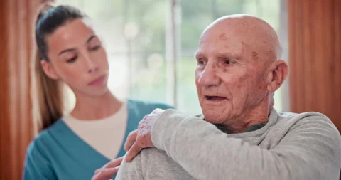 Physiotherapist, senior man and help for shoulder, pain or consultation for Stock Footage 254797467