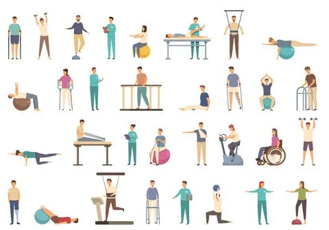 Physiotherapy icons set cartoon vector. Treatment exercise 스톡 일러스트