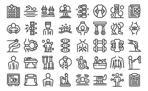 Physiotherapy icons set outline vector. Treatment exercise Stock Illustration