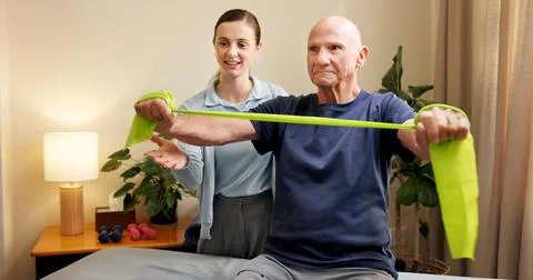Physiotherapy, old man or chiropractor with resistance band, mobility or joint Stock Photos