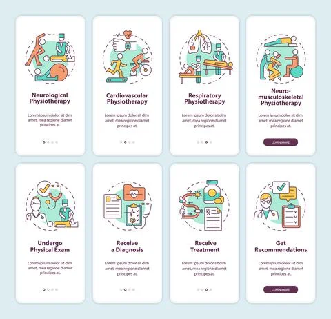 Physiotherapy onboarding mobile app page screen Illustrazione stock
