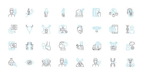Physique linear icons set. Brawn, Muscles, Strength, Bodybuilding, Fitness Stock Illustration