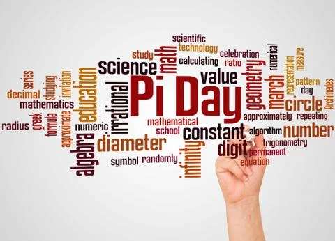 Pi Day word cloud and hand with marker concept Stockillustratie