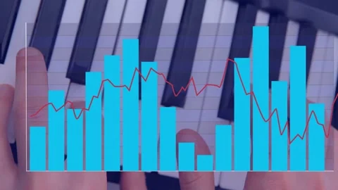 Pianist's hands pressing lower keys, moving right, blue bars rising with red Video stock 334112588