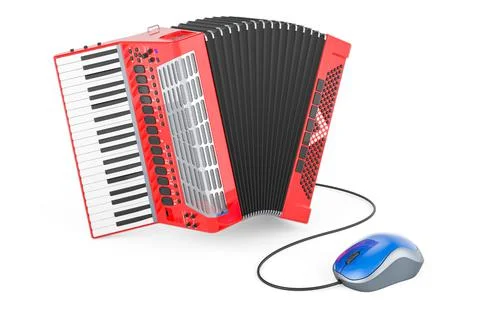 Piano accordion with computer mouse. 3D rendering Illustrazione stock