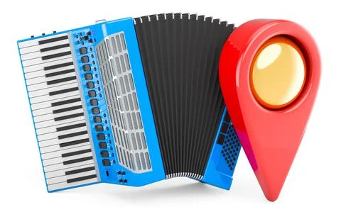 Piano accordion with map pointer. 3D rendering Stock Illustration