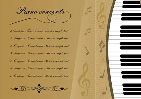 Piano concert program template with cut out of keyboard, treble clef and some Stock Illustration