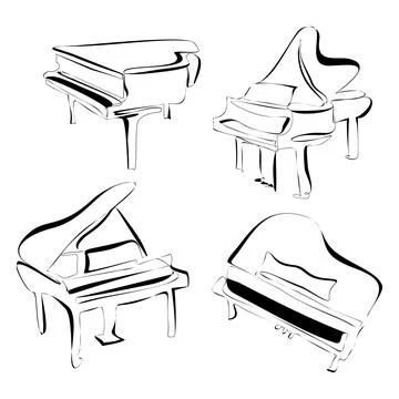 Piano continuous one line vector drawing set. Pianoforte hand drawn silhoue.. Stock Illustration