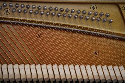 Piano hammers with strings close up Foto stock